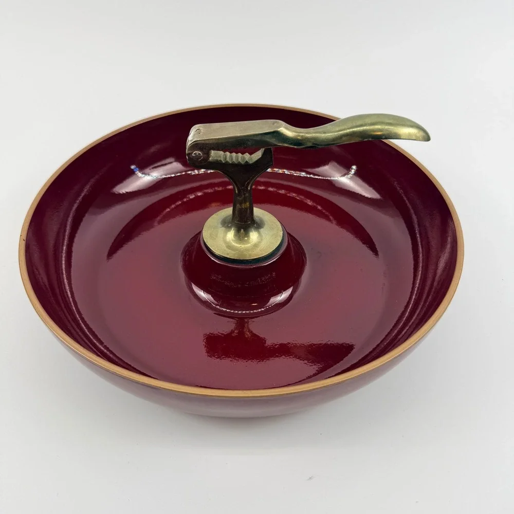 Vintage Japanese Lacquer Nut Bowl with Brass Nutcracker Burgundy Made in Japan